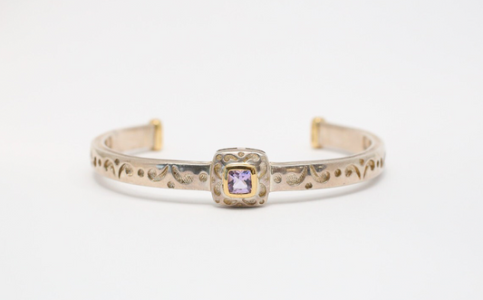 Vintage Sterling Silver & 18k Yellow Gold Bangle Bracelet, 7 inches - 28.0g