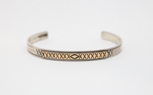 Vintage Sterling Silver & 14k Yellow Gold Bangle Bracelet, 7 inches - 11.3g