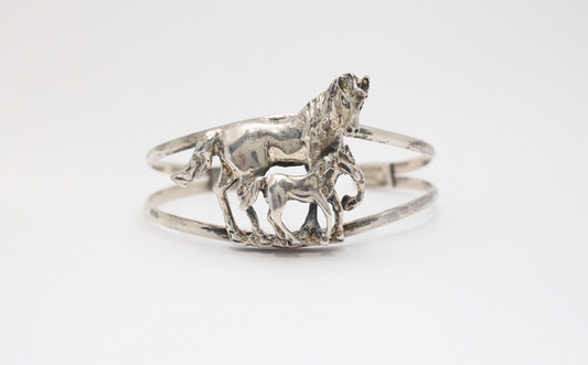 Vintage Sterling Silver Mexico Horse & Foal Cuff Bracelet, 6 inches - 18.8g