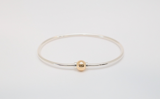 Sterling Silver & 14k Yellow Gold Ball Clasp Bangle Bracelet, 6.75 inches - 11.5g