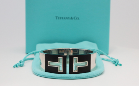 Tiffany & Co Sterling Silver Black Ceramic Wide T Cuff Hinged Bracelet, 6.5 inches - 69.0g