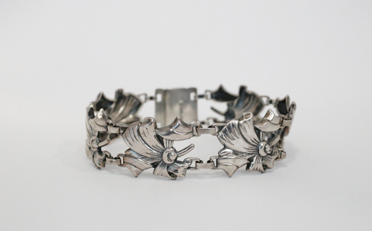 Vintage Sterling Silver Fan Motif Link Bracelet, 7 inches - 19.0g