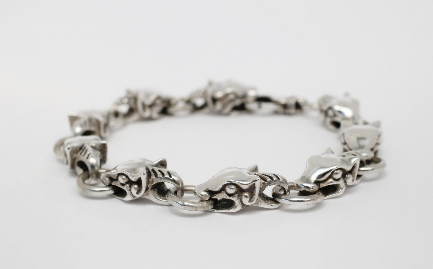 Sterling Silver Linked Feline Head Bracelet, 9.5 inches - 83.8g