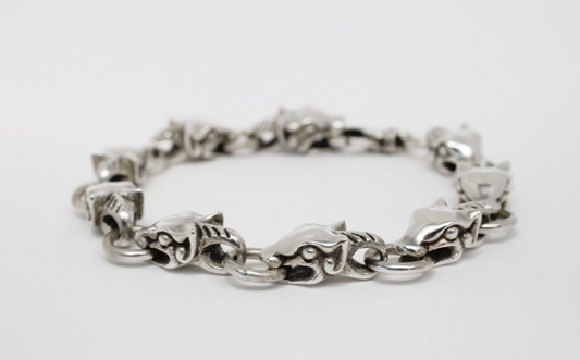 Sterling Silver Linked Feline Head Bracelet, 9.5 inches - 83.8g