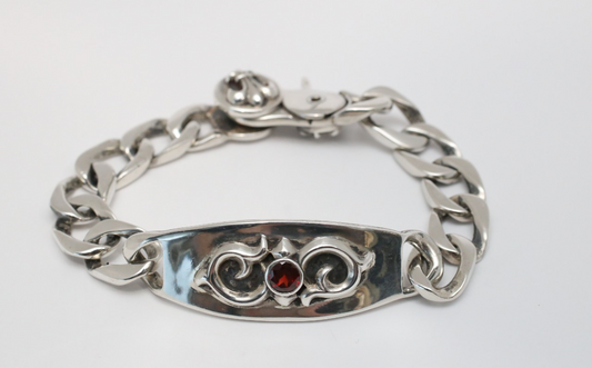 Sterling Silver Curb Link ID Motif Plate Bracelet, 8.5 inches - 69.3g