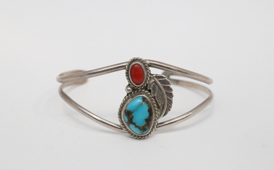 Vintage Sterling Silver Turquoise & Coral Cuff Bracelet, 6 inches - 11.1g