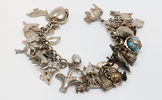 Vintage Silver Charm Bracelet, 6.75 inches - 59.5g