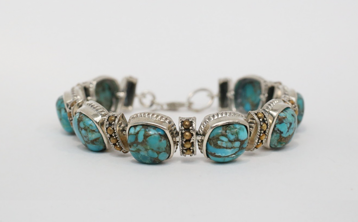 Sterling Silver Turquoise Link Bracelet, 6.5 inches - 28.2g