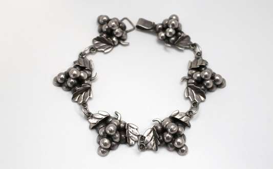 Vintage Sterling Silver Grape & Leaf Bracelet, 7.5 inches - 14.3g