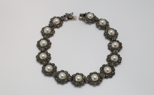 Vintage Sterling Silver Pearl & Marcasite Bracelet, 7.5 inches - 20.7g