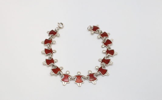 Sterling Silver Red Enamel Girl Link Bracelet, 6.5 inches - 11.0g