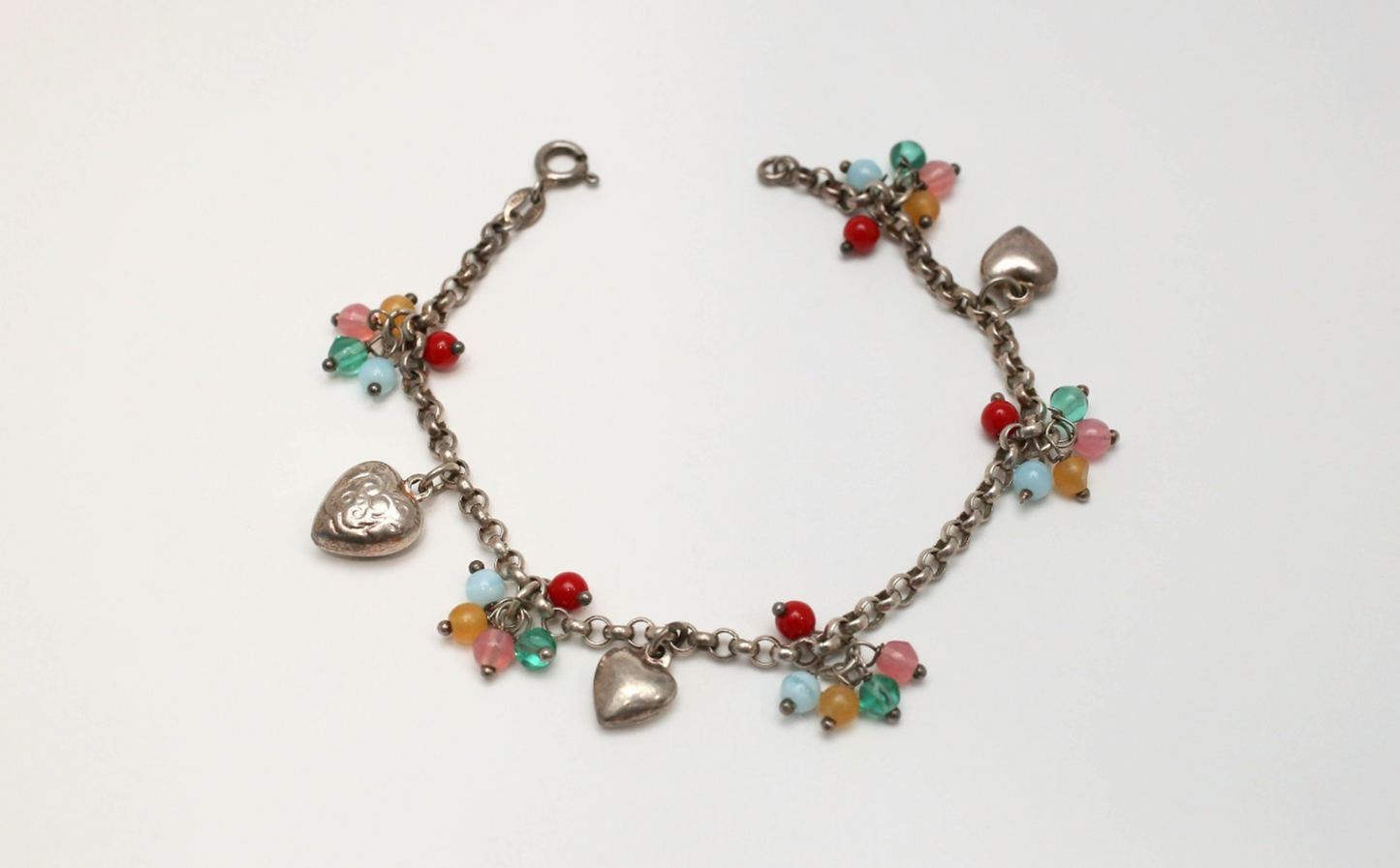 Sterling Silver Beaded Heart Charm Bracelet, 7 inches - 9.6g