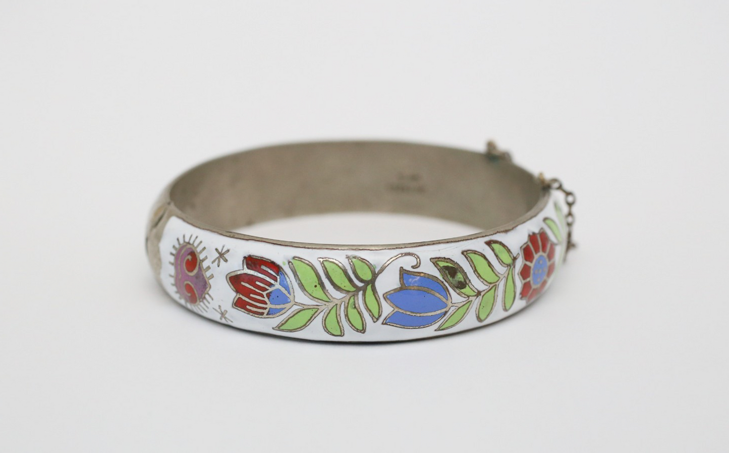 Vintage Sterling Silver Floral Enamel Hinge Bangle, 7.5 inches - 23.8g