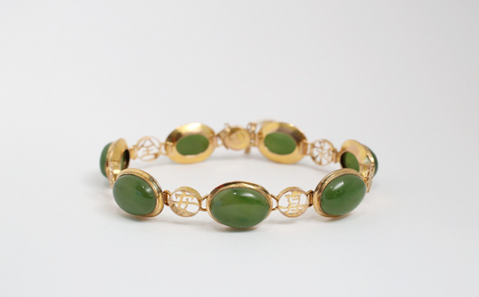 14k Yellow Gold Jade Chinese Bracelet, 7 inches - 16.5g