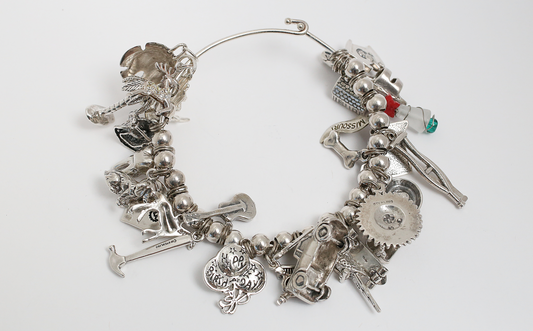 Sterling Silver Beaded Charm Bangle, 70.6g