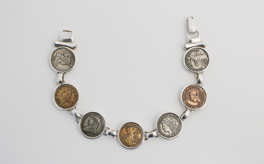 Vintage Sterling Silver Liberty Coins Linked Bracelet, 7.5 inches - 30.3g