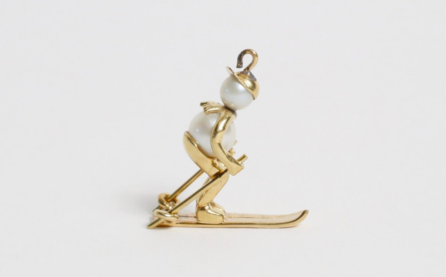 14k Yellow Gold Pearl Skiing Man Charm, 4.0g