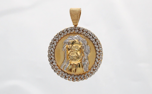 10k Yellow Gold Round Jesus Diamond Pendant, 23.2g