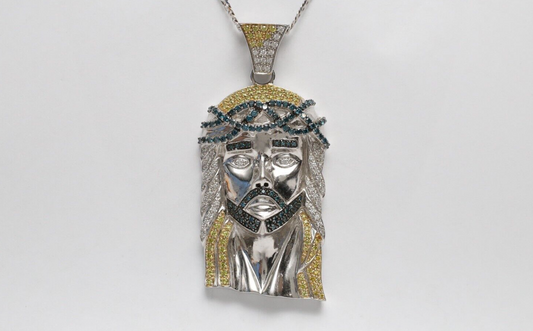 14k White Gold Jesus Pendant with Blue/White/Yellow Diamonds, 53.2g