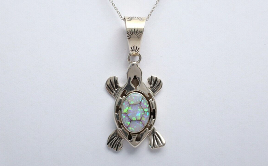 Native American Sterling Silver White Opal Turtle Pendant, 7.0g