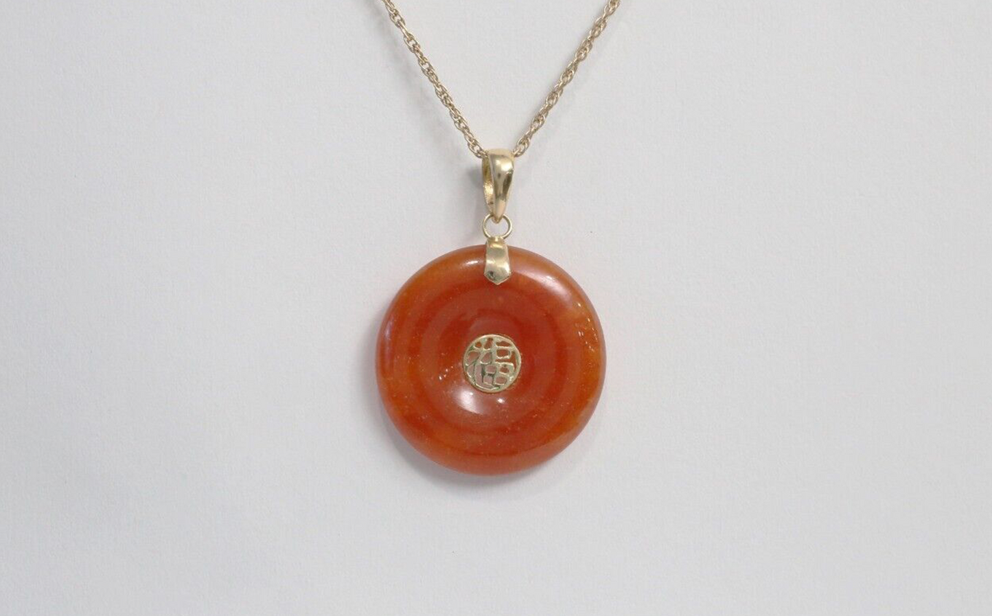 14k Yellow Gold Round Orange-Red Jade Chinese "Good Fortune" Pendant, 3.8g