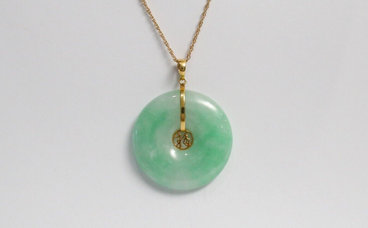 14k Yellow Gold Round Chinese "Good Fortune" Jade Pendant, 9.2g