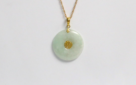 14k Yellow Gold Round Chinese "Good Fortune" Jade Pendant, 3.4g