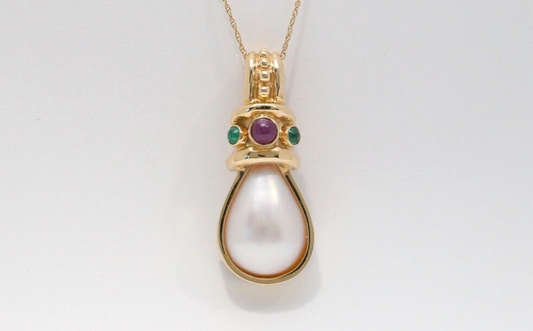 Vintage 14k Yellow Gold Pearl, Ruby & Emerald Pendant, 6.5g