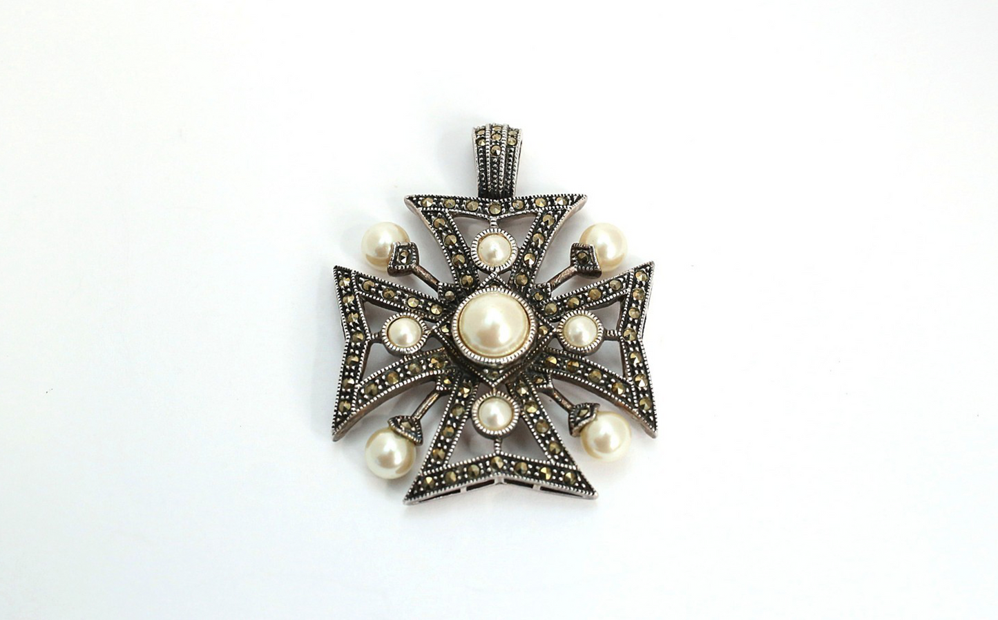 Judith Jack Sterling Silver Marcasite & Faux Pearl Cross Pendant, 16.1g