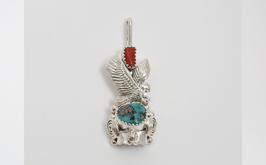M. TSOSIE Sterling Silver Turquoise & Coral Eagle Pendant, 7.0g