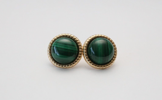 14k Yellow Gold Malachite Stud Earrings, 4.7g