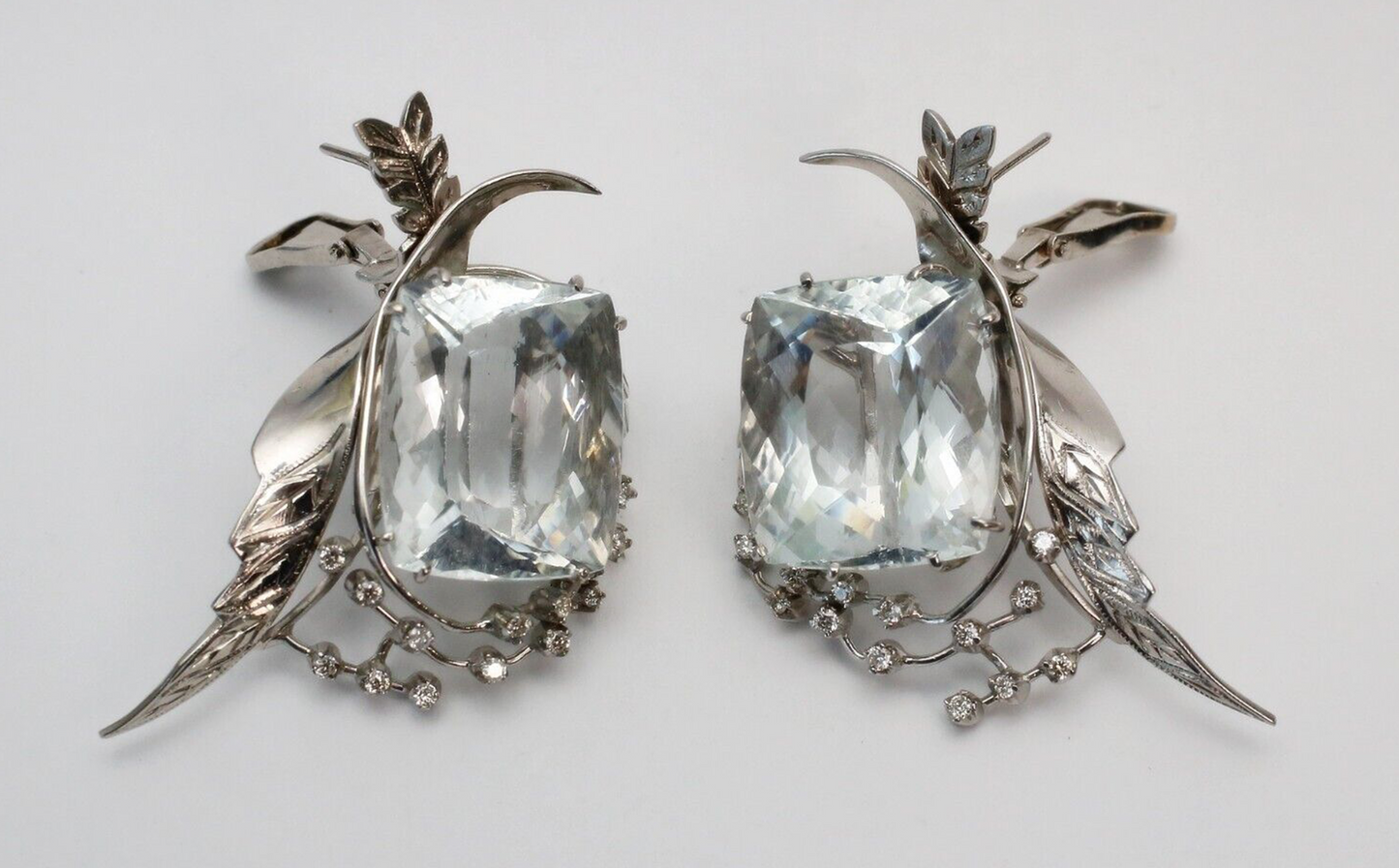 Vintage 18k White Gold Aquamarine & Diamond Earrings, 35.4g