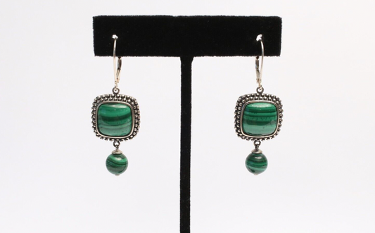 Sterling Silver Malachite Dangle Earrings, 10.6g