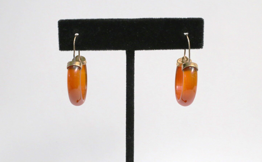 14k Yellow Gold Orange-Red Jade Hoop Earrings, 4.8g