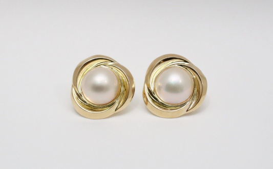 14k Yellow Gold Mabe Pearl Swirl Earrings, 13.4g