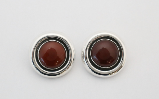 Mexico Sterling Silver Carnelian Round Clip-On Earrings, 22.0g