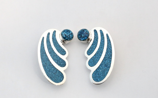 Mexico Sterling Silver Crushed Turquoise Winged Clip-On Earrings, 18.4g