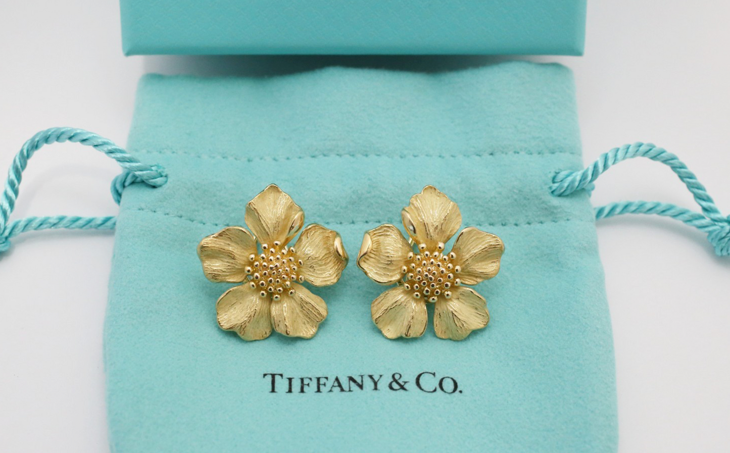Tiffany & Co. 18k Yellow Gold Dogwood Textured Flower Clip On Earrings, 17.8g