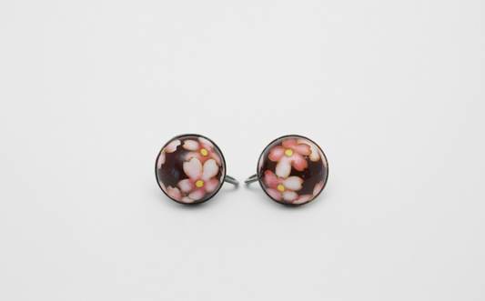 Vintage Sterling Silver Domed Flower Enamel Earrings, 7.7g