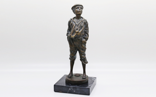 Vintage Bronze Whistling German Boy Sculpture, Signed V. Szczeblewski