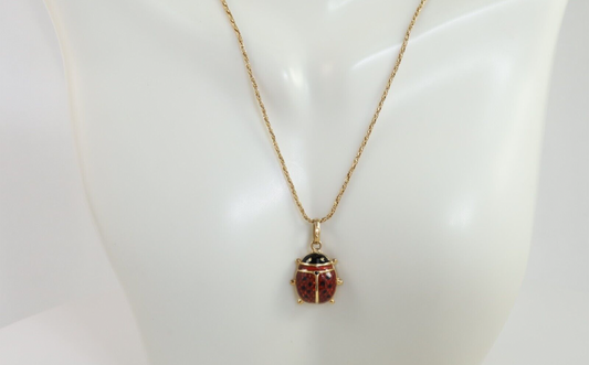 18k Yellow Gold Ladybug Pendant Necklace, 17 inches - 4.8g