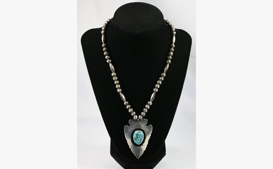 Vintage Navajo George B Clark Sterling Silver Turquoise Arrow Pendant Necklace, 24 inches - 53.5g