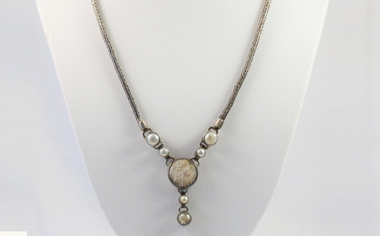 Vintage Sterling Silver Mother of Pearl Necklace, 16 inches - 23.5g