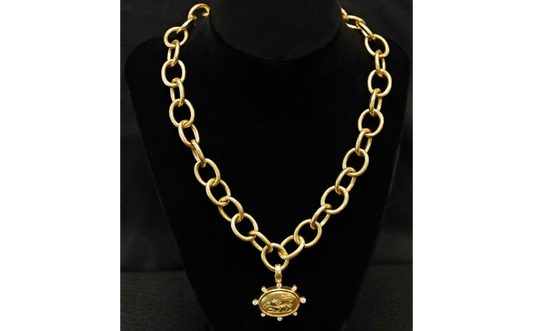 Elizabeth Locke 19k Yellow Gold Link Necklace with Eros & Lion Diamond Pendant, 18 inches - 112.8g