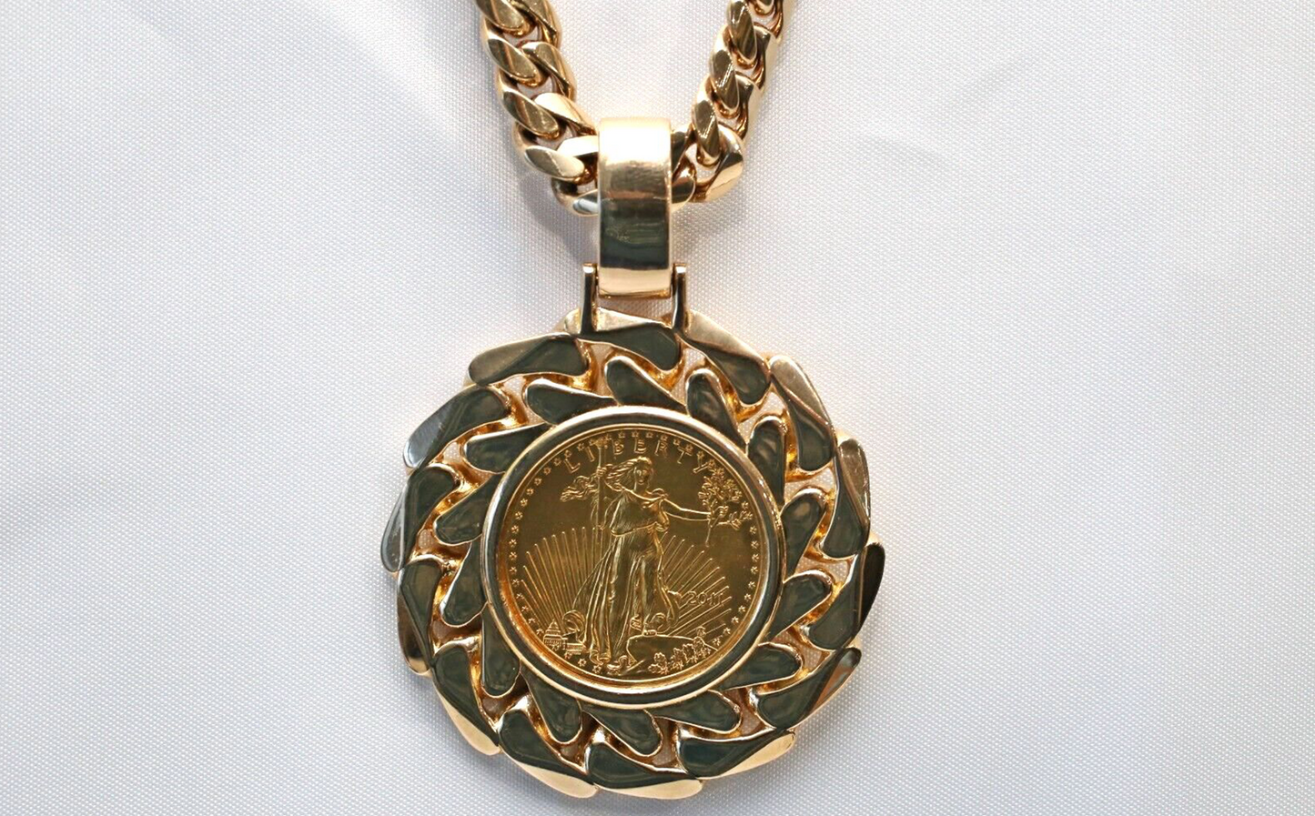 Heavy 14k Yellow Gold Chain & 22k Gold Coin Pendant, 36 inches - 415.5g
