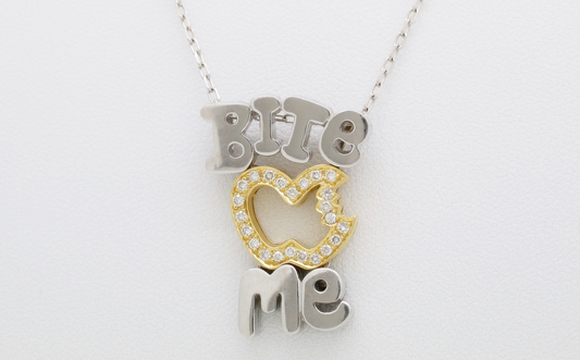 18k White & Yellow Gold Diamond "BITE ME" Pendant Necklace, 16 inches - 13.6g