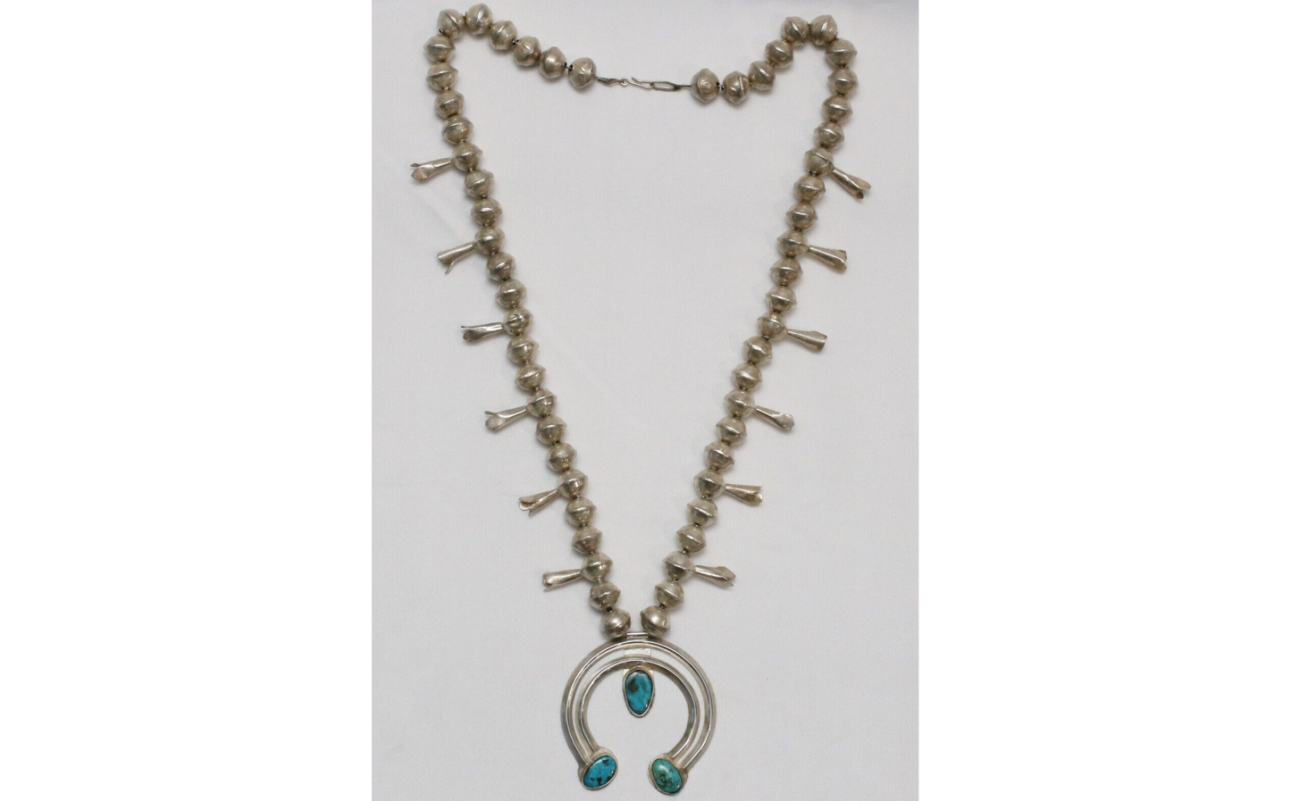 Sterling Silver Native American Turquoise Squash Blossom Necklace, 25 inches - 101.5g