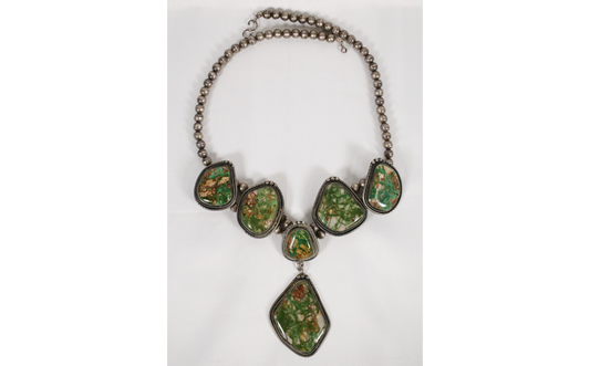 Vintage Sterling Silver Large Green Turquoise Necklace, 26 inches - 219.8g