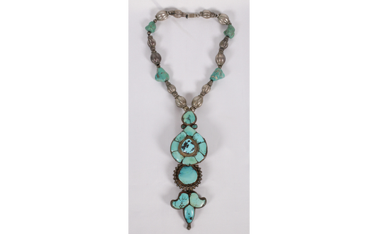 Vintage Sterling Silver Large Turquoise Pendant Necklace, 15 inches - 108.3g
