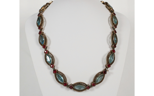 Vintage Sterling Silver Blue & Red Crystal Choker Necklace, 16 inches - 58.1g